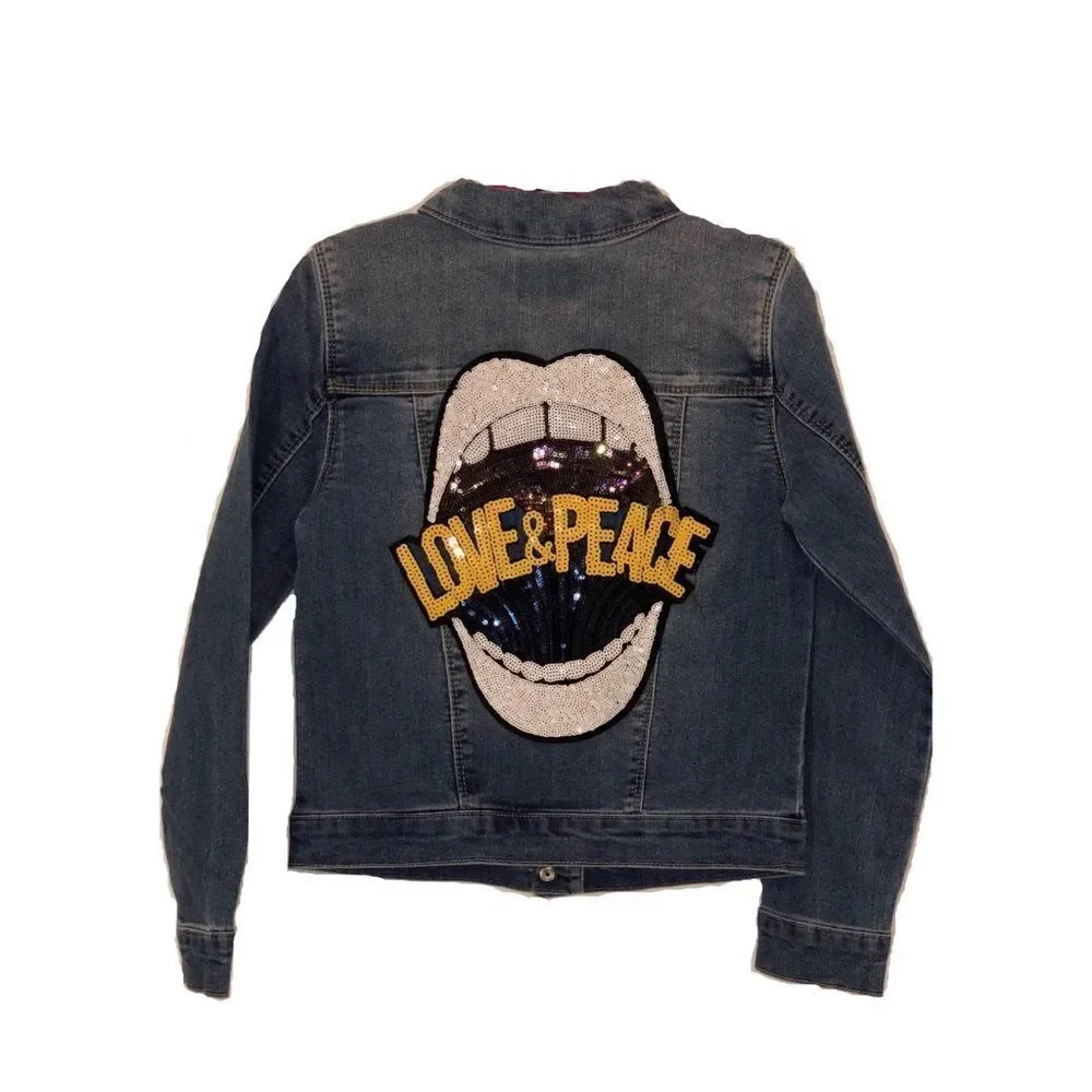 Denim Jacket With Sequin Love & Peace Lips Patch